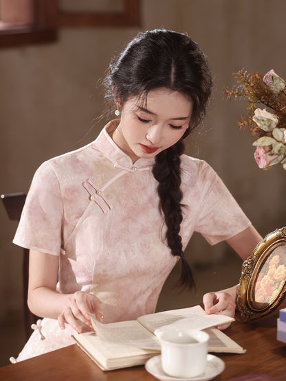 National Style Long Cheongsam – Elegant Short Sleeve Dress