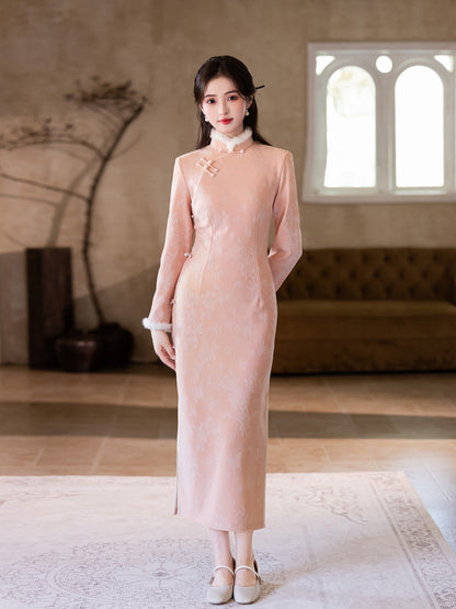 2025 Pink Velvet Cheongsam | New Chinese Style Warm Winter Dress