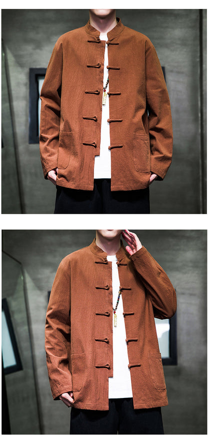 Mens Autumn Chinese Style Hanfu Tang Suit Button Up Cotton Linen Top