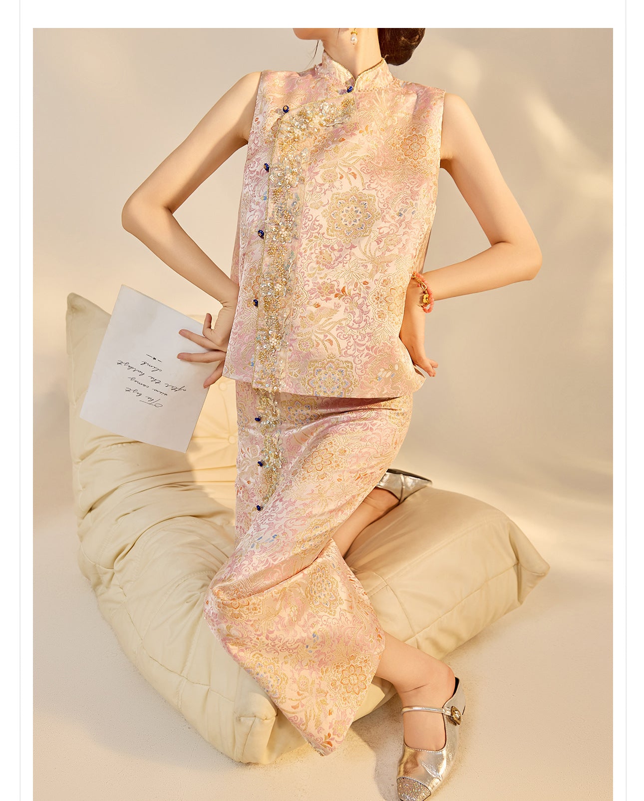 Elegant Beaded Asymmetrical Vest & High Waist Skirt Set