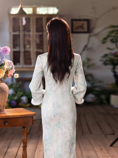 Elegant Satin Beaded Winter Qipao | Fleece-Lined Thickened Long Dress