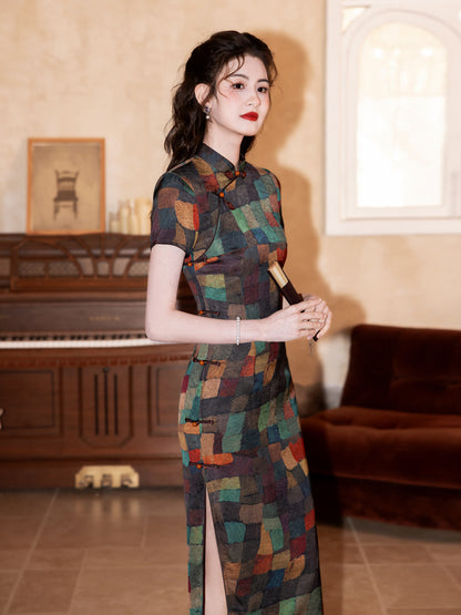 High-End Summer Cheongsam – Plaid Short Sleeve Elegant Dress