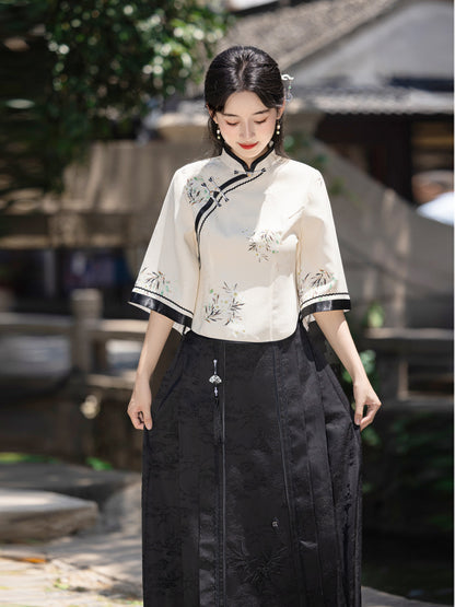 Elegant Improved Cheongsam Top & Hanfu Ink Design Skirt Set