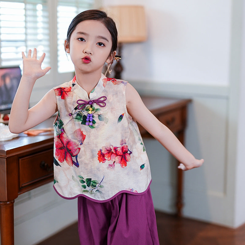 Retro Republic Style Girls Two-Piece — Improved Shirt & Pants Set