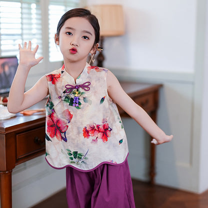 Retro Republic Style Girls Two-Piece — Improved Shirt & Pants Set