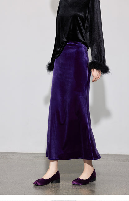 Chic Vintage High-Waist Velvet Long Skirt