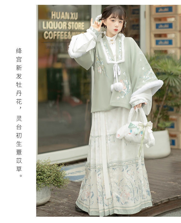 Trees of Sea Women Ming Hanfu Set: Fleece Lined Embroidered Collared Jacket & Horse Face Skirt New Year Outfit