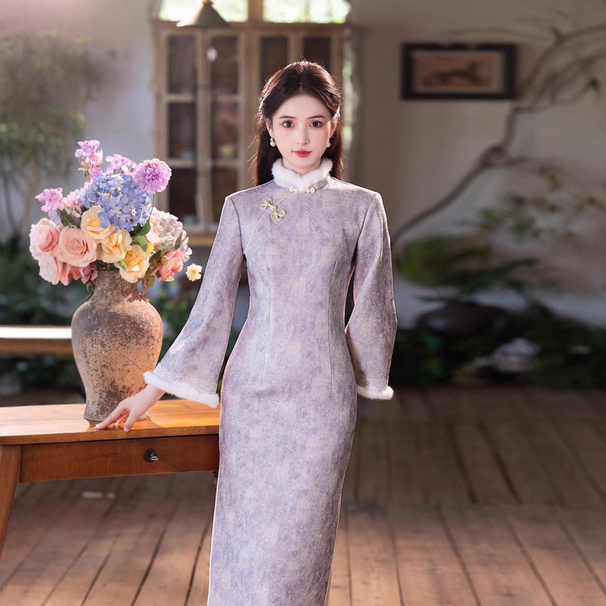 New Chinese Style Purple Qipao | Thickened Warm Retro Winter Dress