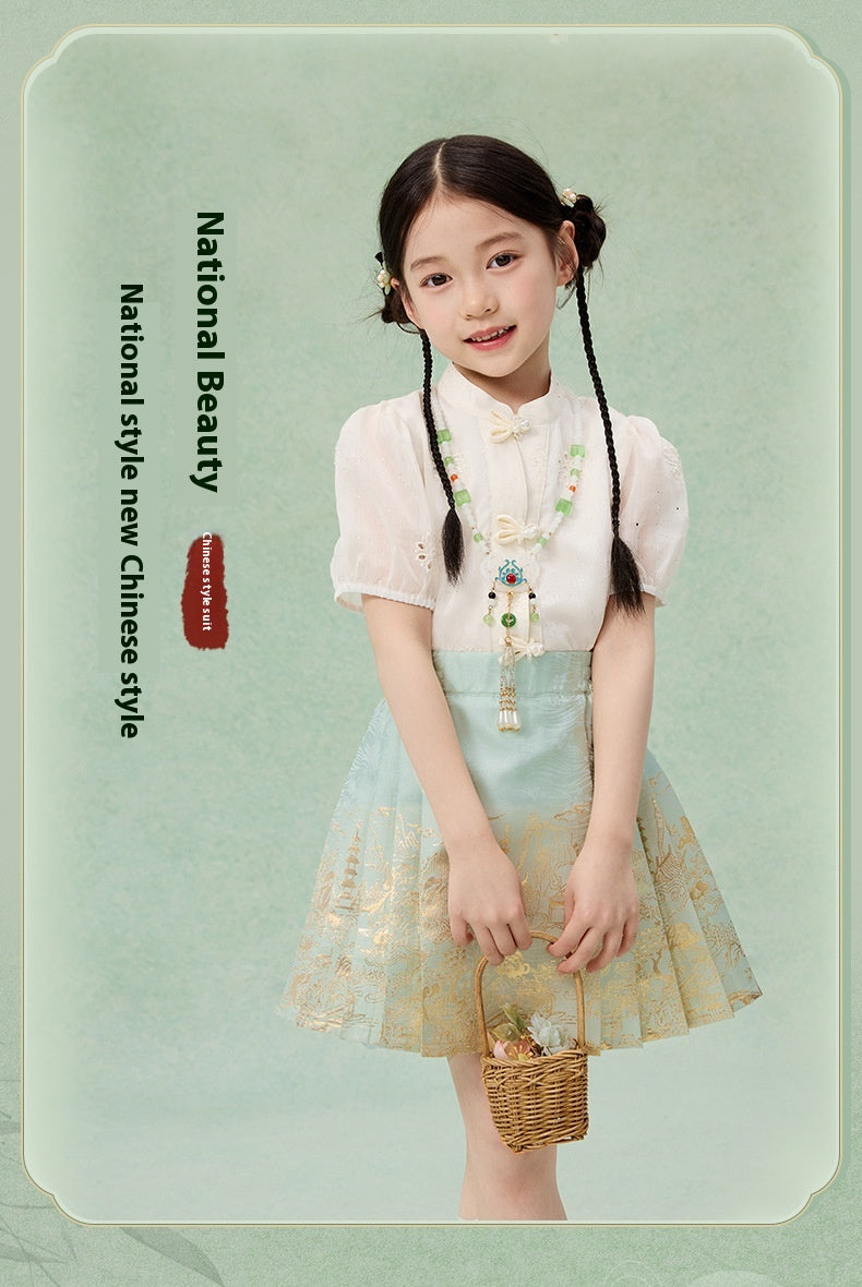 Girls Summer Hanfu Set — Short Sleeve Shirt & Mamian Skirt Two-Piece