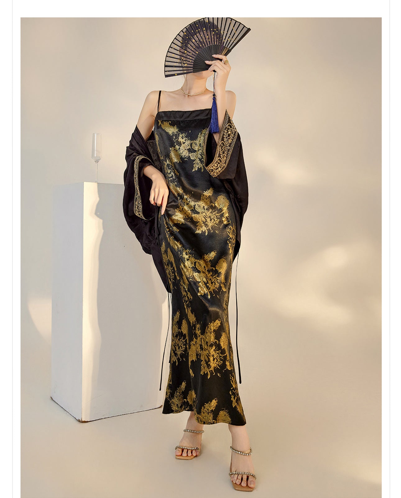 Summer New Chinese Printed Rayon Shirt & Strap Dress Set