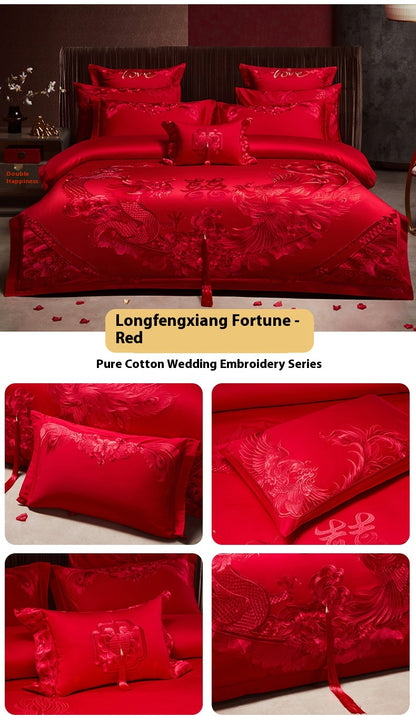 Luxury Red Cotton Wedding Bedding 4-Piece Embroidered Set