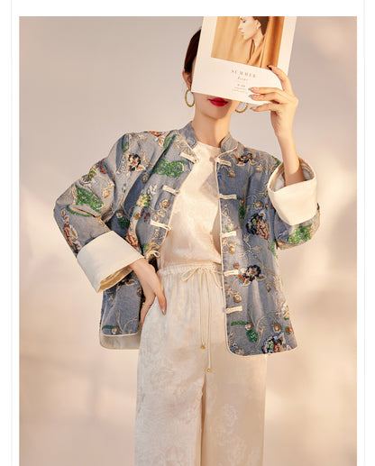 Blue Sequin Embroidered Denim Jacket High-End New Chinese Style