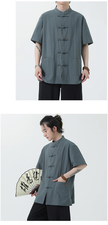 Chinese Style Mens Cotton Linen Shirt Half Sleeve Button Up Casual Top