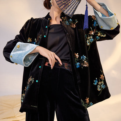 Elegant New Chinese Satin Floral Sequin Loose Black Top