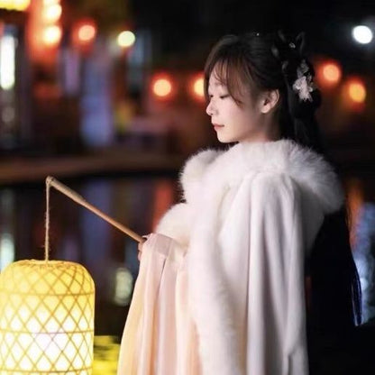 White Woolen Hanfu Cloak – Winter Thickened Fleece Cape for Women