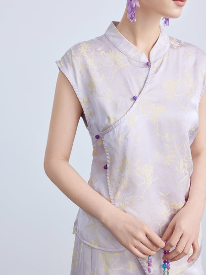 High-End Waist-Cinching Jacquard Top with Asymmetrical Collar