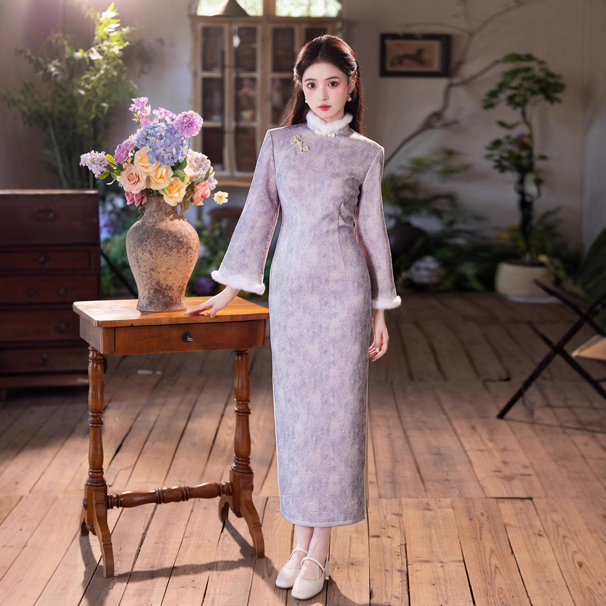 New Chinese Style Purple Qipao | Thickened Warm Retro Winter Dress