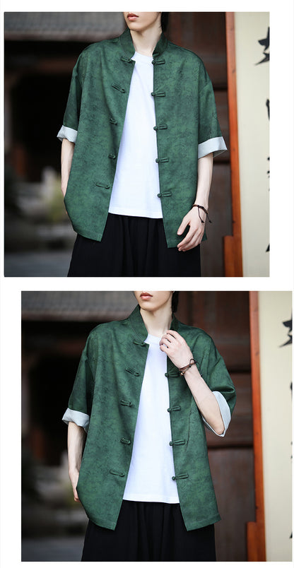 Summer Chinese Tang Suit Shirt Mens Stand Collar Short Sleeve Hanfu