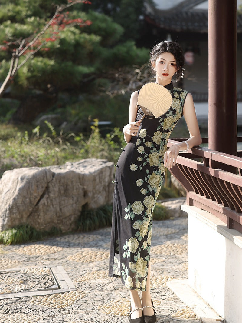 Elegant Dark Green Cheongsam – Retro Spring High-End Dress