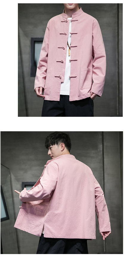 Mens Autumn Chinese Style Hanfu Tang Suit Button Up Cotton Linen Top