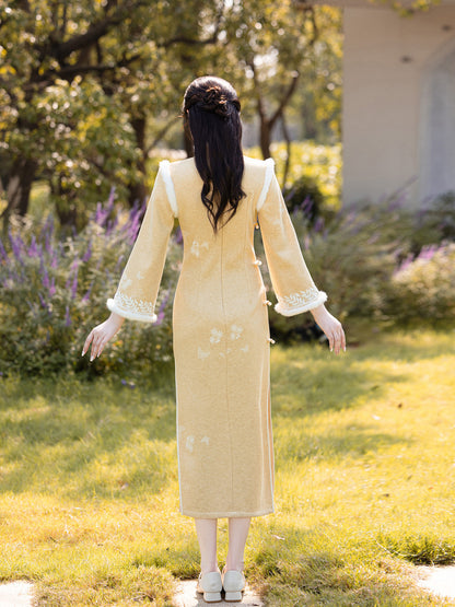 Long Sleeve Crystal Velvet Qipao | Winter Thickened Fleece Lined Dress