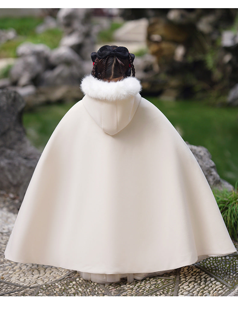 Girls' Winter Hanfu Cloak with Fur Collar Hooded Fairy Cape
