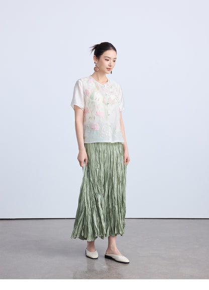 High-Waist Pleated Midi Skirt with Elastic Waist