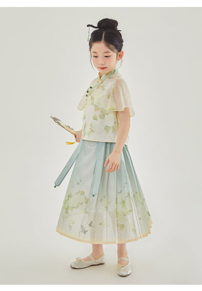 New Chinese Style Girls Outfit — Short Sleeve Shirt & Pleated Skirt