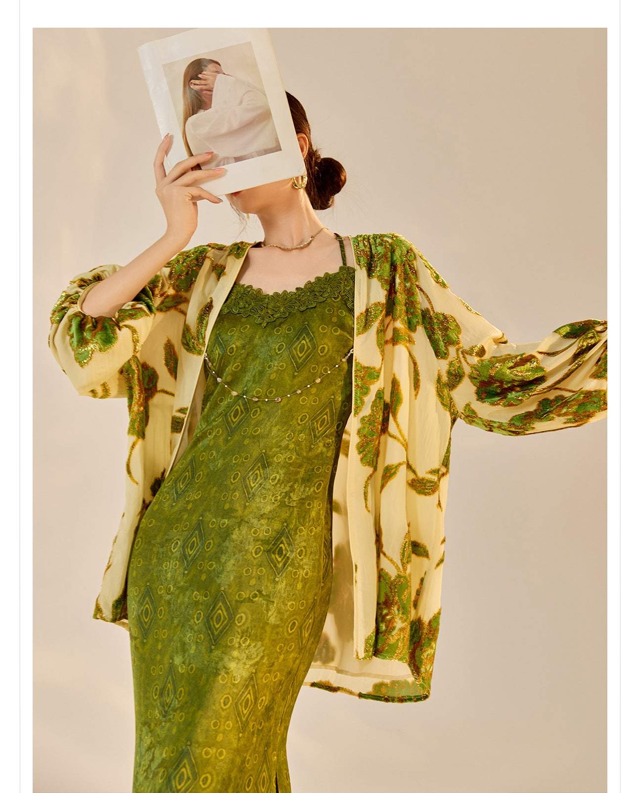 Velvet Burnout Jacket & Printed Cardigan Dress Set for Autumn