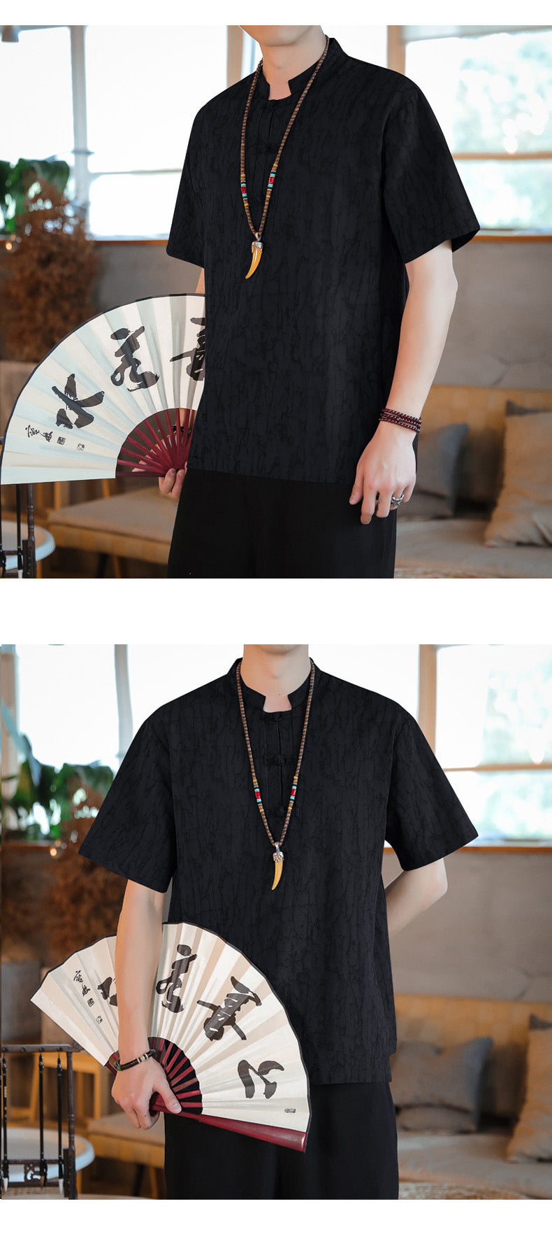 Chinese Style Mens Cotton Linen Tang Suit Short Sleeve Casual T Shirt