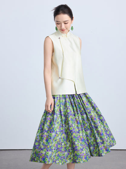 High-End Green Floral Midi Skirt with Elastic Waist