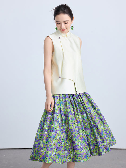 High-End Green Floral Midi Skirt with Elastic Waist