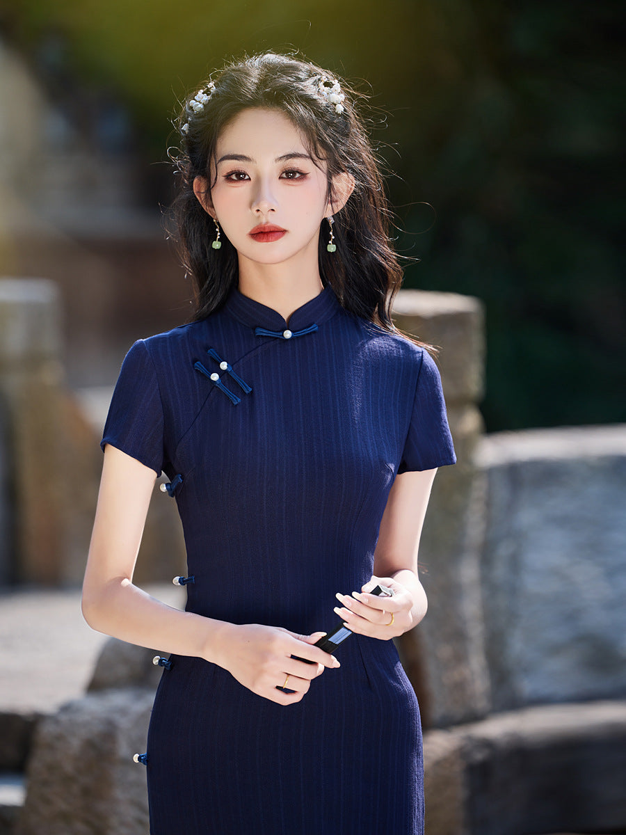 Striped Cotton Linen Cheongsam – 2025 Vintage Artistic Dress