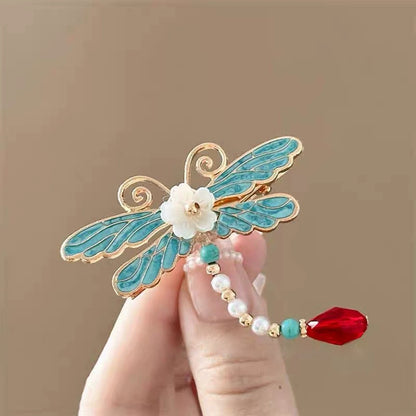 Blue Enamel Hair Clip Chinese Style Pearl Tassel Butterfly Hairpin