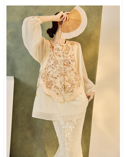 New Chinese Style Embroidered Mesh Shirt | Autumn Light Luxury Elegant Top