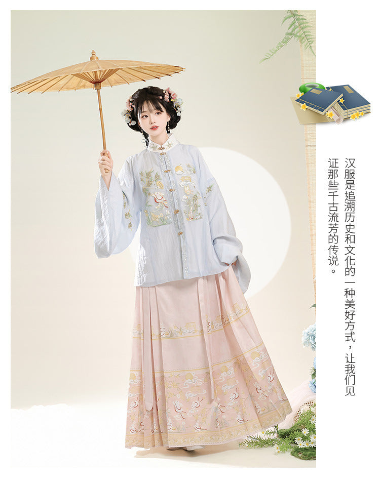 Trees of Sea Ming Hanfu Set Adult Stand Collar Embroidered Pipa Sleeve Horse Face Skirt