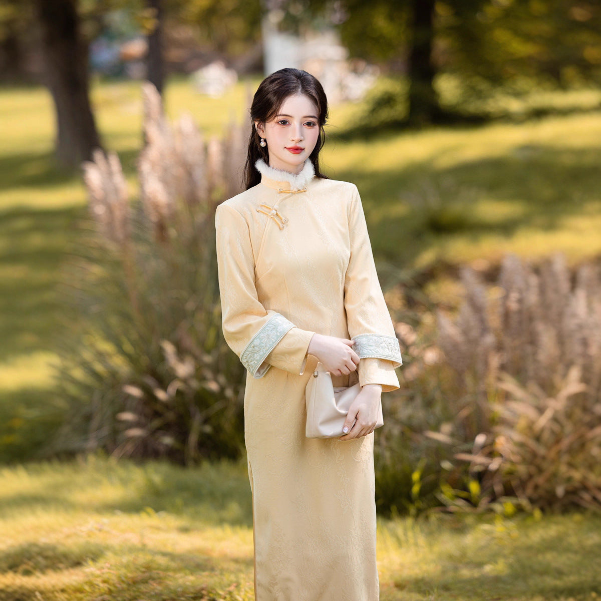 Yellow Fleece-Lined Long Sleeve Qipao | Winter New Chinese Style 2025