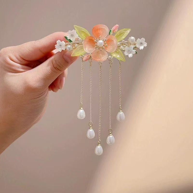 Blue Enamel Hair Clip Chinese Style Pearl Tassel Butterfly Hairpin