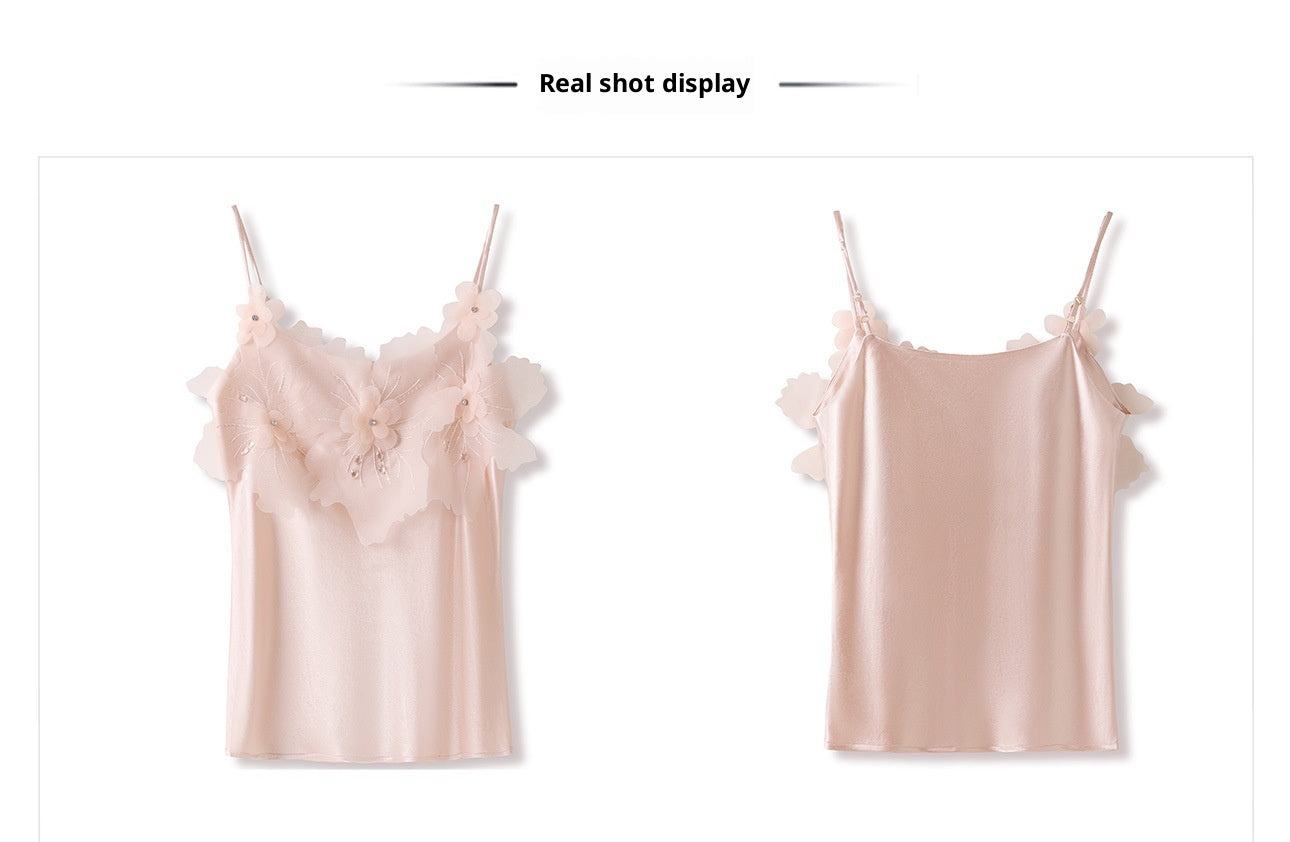 New Chinese Style Beaded Floral Acetate Top | Elegant Short Camisole