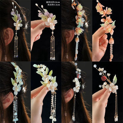 Orchid tassel headdress with side clips and new Chinese flower hairpins
