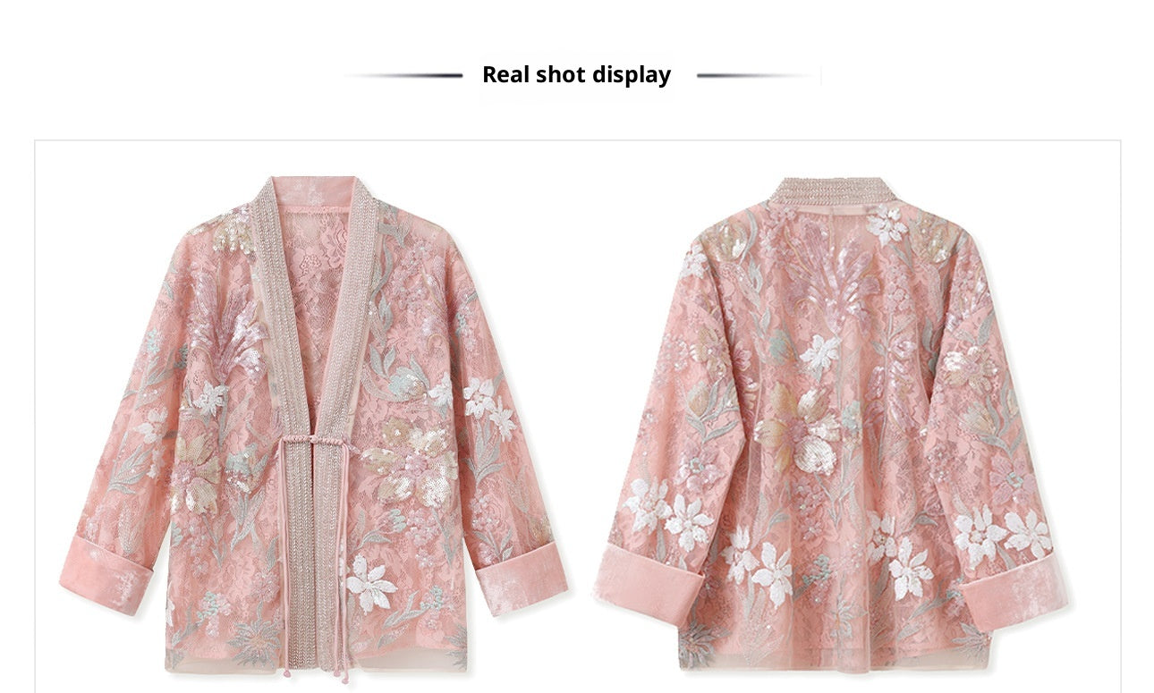 Spring New Chinese Style Velvet Sequin Embroidered Mesh Blouse