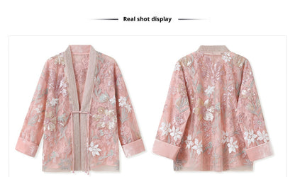 Spring New Chinese Style Velvet Sequin Embroidered Mesh Blouse