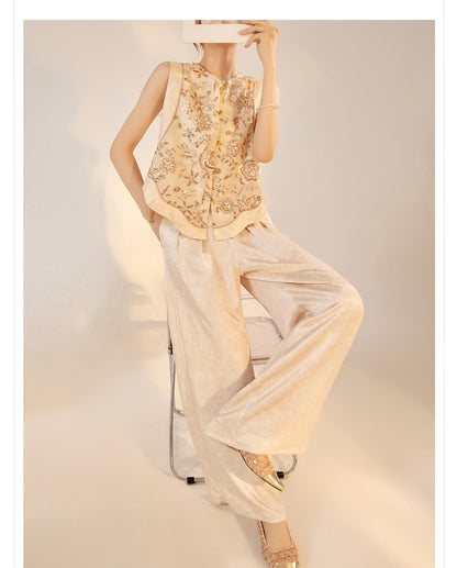 National Style2025Summer New Beaded Embroidery New Chinese Style Sequin Mermaid Skirt Vest Pants Set