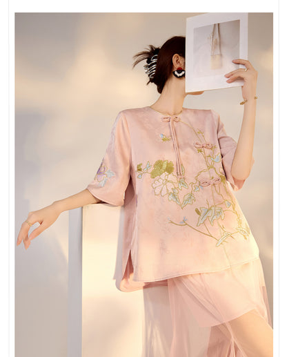 Summer New Chinese Style Embroidered Printed Top and Skirt Set