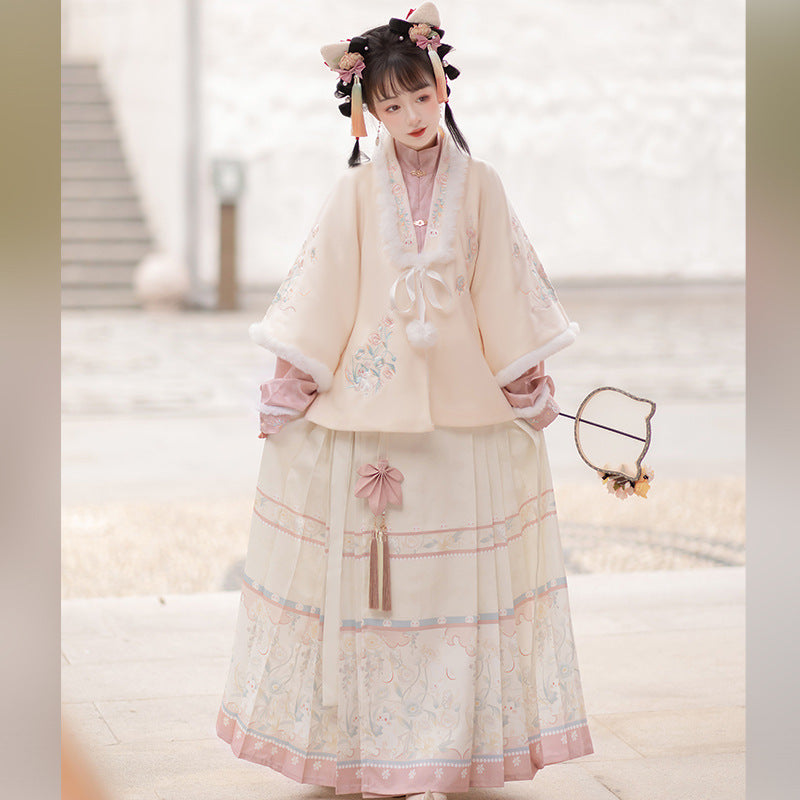 Trees of Sea Women Ming Hanfu Set: Embroidered Stand Collar Jacket & Horse Face Skirt New Year