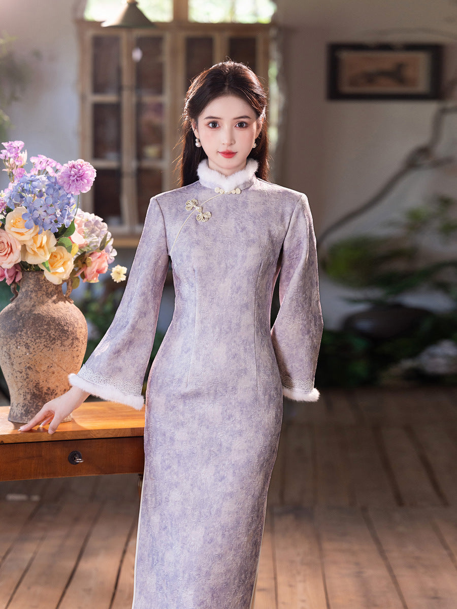 New Chinese Style Purple Qipao | Thickened Warm Retro Winter Dress