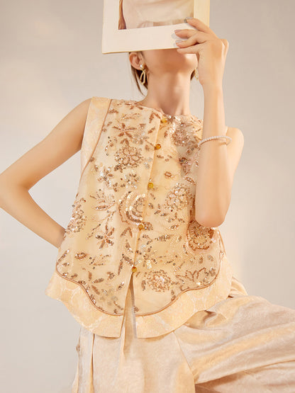 National Style2025Summer New Beaded Embroidery New Chinese Style Sequin Mermaid Skirt Vest Pants Set