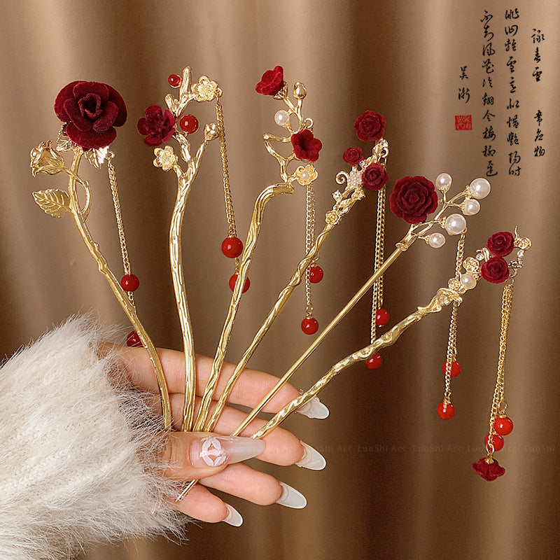 Velvet Rose Hairpin | Elegant Chinese Style Ancient Tassel Ornament