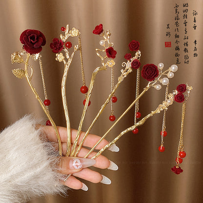 Velvet Rose Hairpin | Elegant Chinese Style Ancient Tassel Ornament