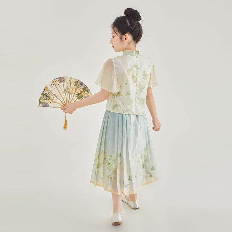 New Chinese Style Girls Outfit — Short Sleeve Shirt & Pleated Skirt